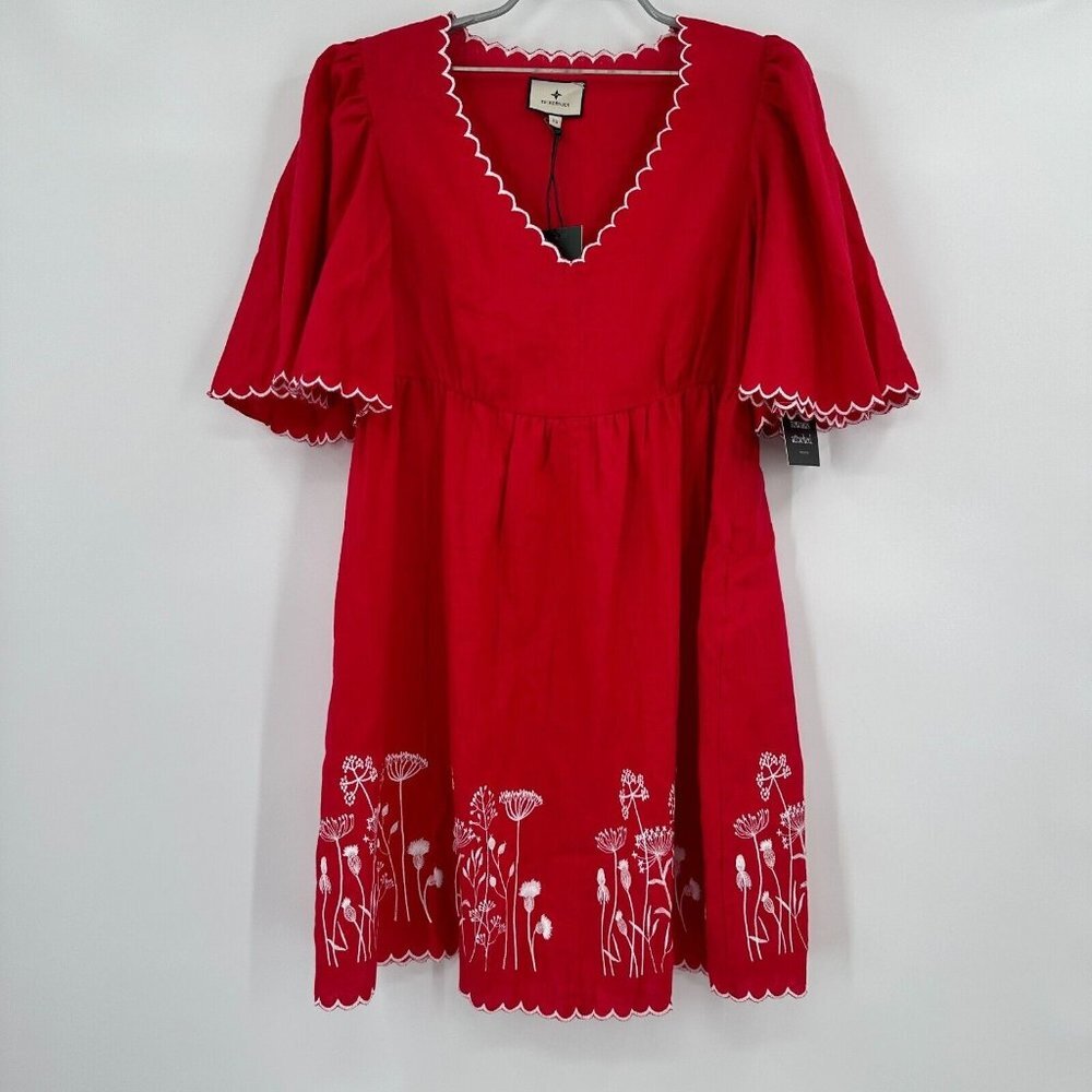 Tuckernuck Scarlett Red Embroidered Britton Mini Dress sz XS Linen Scallop Hem *
